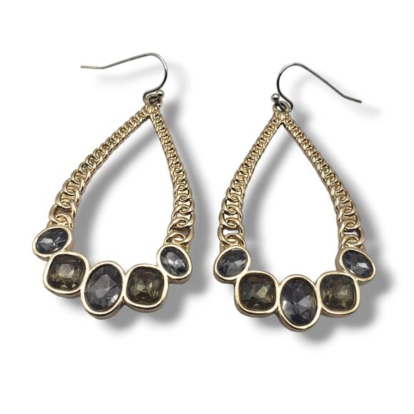 Gold Tone Teardrop Dangle Drop Hook Earrings Gray Golden Faceted Rhinestones - Picture 4 of 7